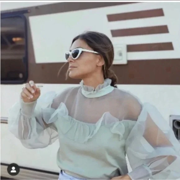 Zara Organza Sheer Ruffle Knit Top in Sea Foam Green Blogger Favorite Size Small - Picture 5 of 16